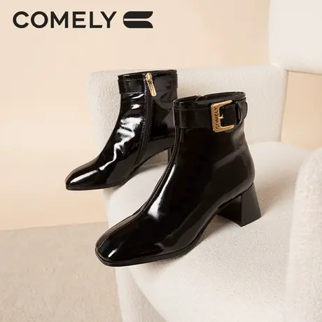 KL粗跟时装靴女冬季新款高跟真皮方头短靴金属扣漆皮靴子图片