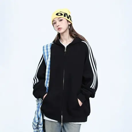 美式三条杠撞色连帽卫衣女春秋2025年新款宽松休闲开衫拉链外套图片