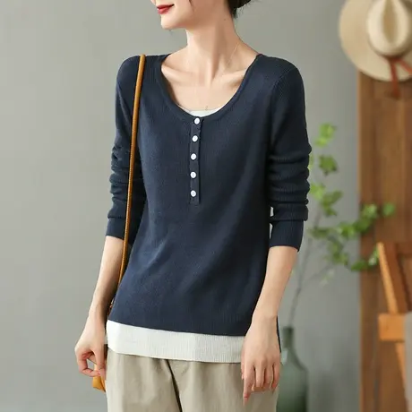 dza 复古假两件圆领长袖毛衣女秋冬内搭上衣休闲针织衫宽松打底衫商品大图