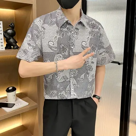 夏季碎花短袖宽松衬衫男港风痞帅上衣中青年潮流衬衣免烫印花寸衫商品大图