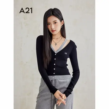 A21秋季新款2024女装V领平肩假两件V领修身显瘦开襟针织衫上衣图片