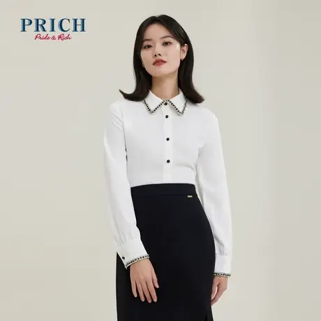 【直播专享】PRICH商场同款衬衫牛奶丝小香风织带减龄翻领上衣商品大图