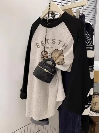 秋季打底衫2023新款爆款休闲插肩袖长袖T恤女潮牌ins复古拼接上衣商品大图