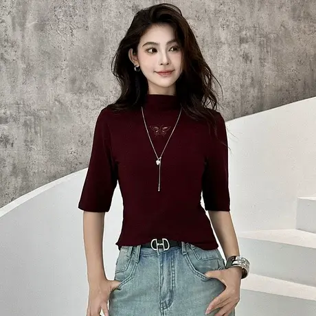 拉夏贝尔时尚半高领中袖t恤女2025秋季新款修身简约镂空纯色上衣商品大图