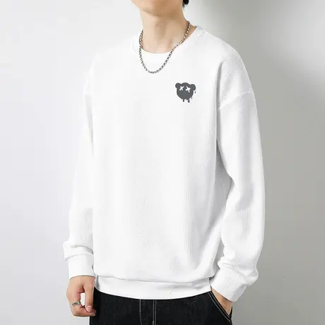 华夫格卫衣男2023新款秋冬潮流小熊印花圆领无帽宽松白色长袖t恤商品大图