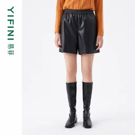 [专柜同款]Yifini/易菲时尚百搭通勤直筒裤松紧腰PU皮裤女短裤冬商品大图