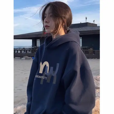 连帽卫衣女早秋薄款2025新款冬季加绒加厚宽松藏蓝色长袖上衣外套商品大图