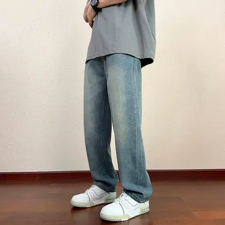 夏季新款青少年水洗直筒牛仔裤男孩帅气显高阔腿裤学生休闲裤长裤图片