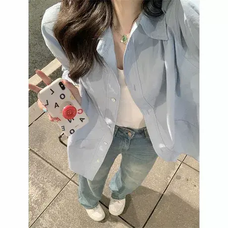 蓝色长袖衬衫女2025早秋季宽松韩系高级感独特超好看上衣开衫外套图片