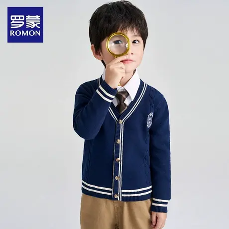 罗蒙男童针织开衫V领外套春秋2025新款儿童中大童学院风刺绣毛衣商品大图