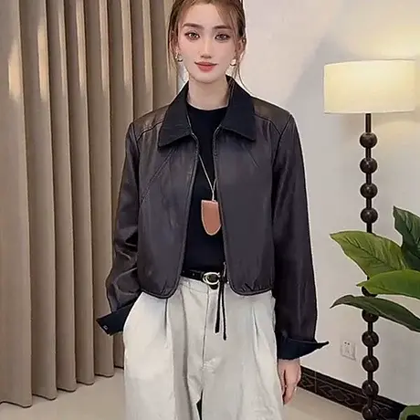 小翻领拉链短款皮衣外套女欧货2025秋季时尚显瘦百搭休闲pu皮夹克商品大图