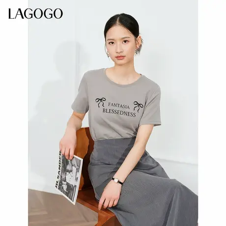 LAGOGO舒适亲肤印花T恤女拉谷谷2024春秋新款通勤简约短袖上衣商品大图