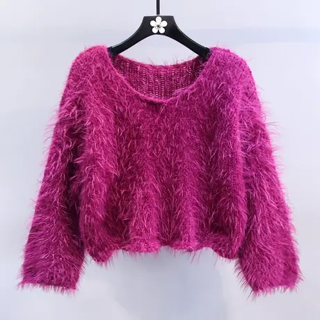 慵懒风软糯水貂绒毛衣女秋冬2023新款宽松显瘦设计感短款针织衫商品大图