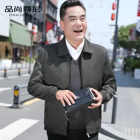 中老年人爸爸春装外套纯色刺绣经典翻领大码宽松男士夹克衫爷爷装商品大图