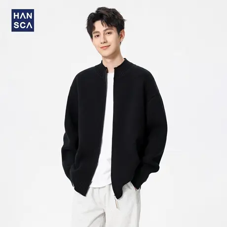 hansca750g重磅北极绒黑色毛衣开衫外套男2025冬季新款慵懒毛线衣图片