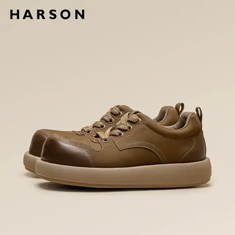 哈森男鞋春季新款大头宽脚皮鞋男士运动德比鞋厚底休闲低帮工装鞋商品大图