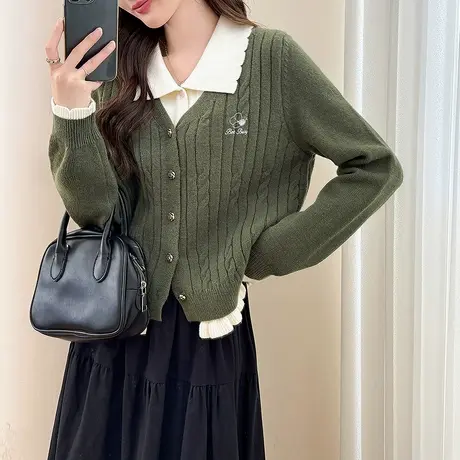 唐狮秋冬复古翻领假两件针织开衫女春秋外套高级感百搭毛衣女tu商品大图