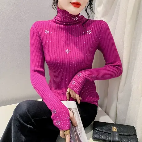 2023秋冬加厚套头针织衫性感钉珠烫钻高领T恤女洋气修身长袖毛衣商品大图
