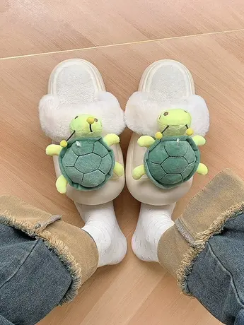 可爱卡通小乌龟厚底包头棉拖女外穿2023年秋冬新款加绒保暖棉拖鞋商品大图