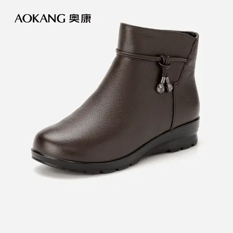 奥康女鞋 2023冬季新款加绒防滑时装靴真皮妈妈鞋日常百搭不累脚商品大图