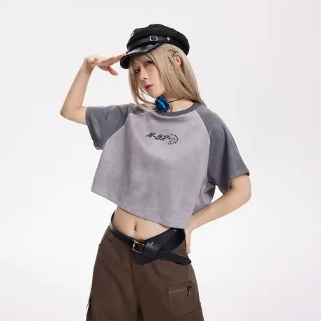 复古插肩袖短袖t恤女夏季2023新款潮牌拼接宽松美式辣妹短款上衣商品大图