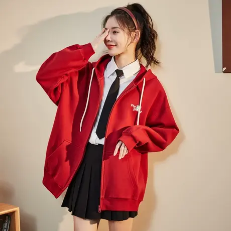 唐狮红色开衫卫衣外套女士春秋款连帽oversize卡通卫衣上衣潮ins图片