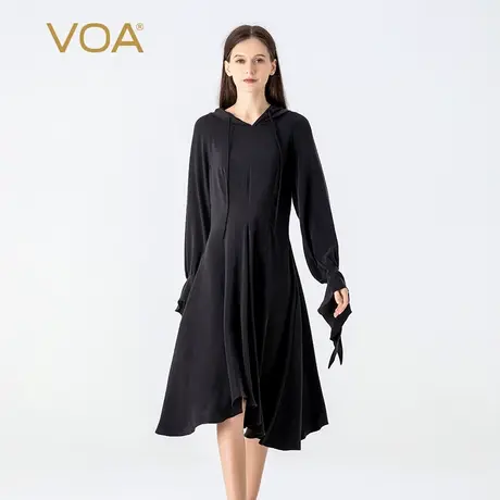 VOA30姆米重磅桑蚕丝黑色连帽领灯笼长袖中腰直筒通勤真丝连衣裙图片