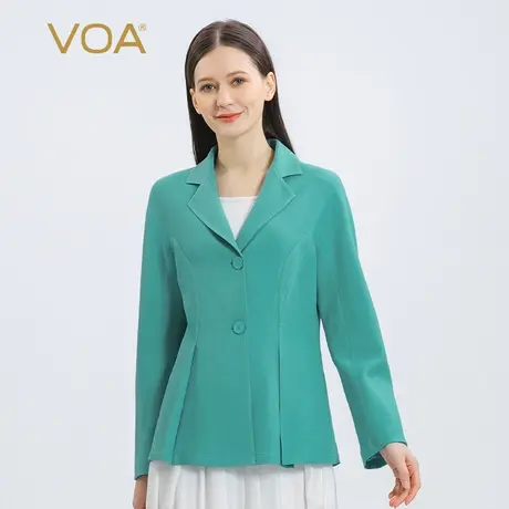VOA60姆米重磅真丝长空绿色翻领长袖收腰显瘦商务桑蚕丝西装外套图片