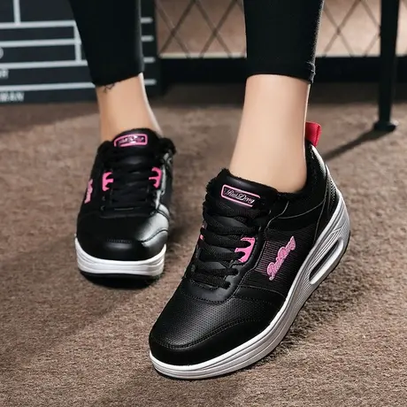 春季运动休闲鞋皮面厚底女摇摇鞋2024新款防水防滑旅游鞋商品大图