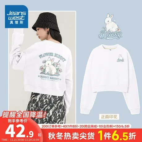 JR真维斯复合牛奶丝卫衣秋季2024新款短款薄兔子正反印花无帽上衣商品大图