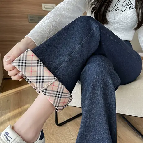 鲨鱼微喇牛仔裤女冬季加绒外穿高腰显瘦收腹提臀芭比打底喇叭裤子图片