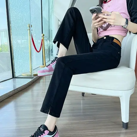 黑色九分直筒牛仔裤女2024春秋新款高腰显瘦开叉小个子百搭烟管裤图片