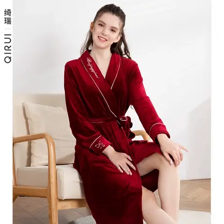 绮瑞睡衣女秋冬珊瑚绒睡袍女款时尚海岛绒加厚酒店浴袍红色家居服商品大图