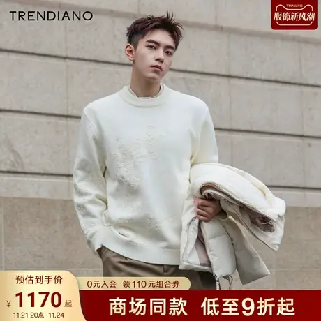 TRENDIANO经典系列花朵贴绣宽松圆领绵羊毛毛衣男2023新款冬季商品大图