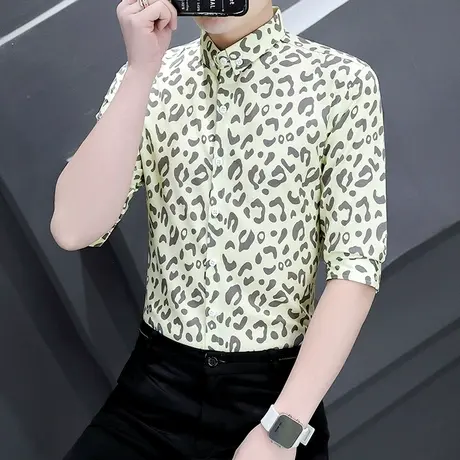 夏季潮牌设计感印花衬衣男短袖韩版夏装发型师五分半中袖帅气衬衣商品大图