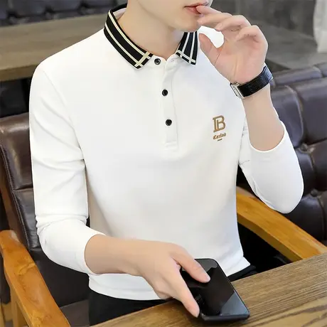 有带领男士长袖t恤2023新款春秋装打底衫潮流内搭上衣翻领polo衫商品大图