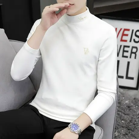 男士德绒打底衫秋冬加厚内搭半高领长袖T恤青少年白色双面绒秋衣商品大图
