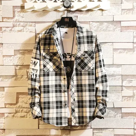 衬衫男韩版2025新款潮流个性条纹长袖格子寸衫外套男装帅气上衣服商品大图