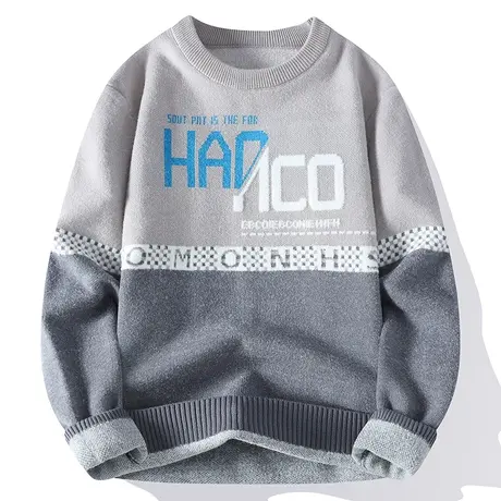 字母圆领毛衣男冬季潮牌2023新款针织衫宽松休闲保暖内搭毛衫线衣商品大图