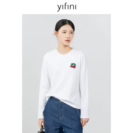 Yifini/易菲宽松短款时尚针织衫女春秋新款长袖圆领打底衫T恤商品大图