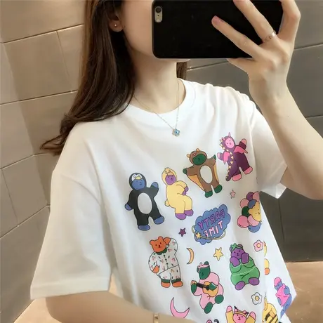 新款2023夏季韩版网红卡通小熊印花字母T恤白色涂鸦短袖宽松可爱商品大图