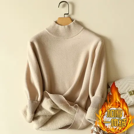 秋冬加绒毛衣女加厚一体绒内搭宽松半高领套头打底针织衫保暖上衣商品大图