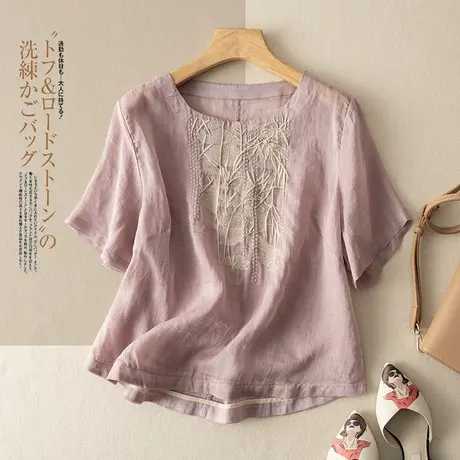 享永子短袖重工刺绣苎麻上衣文艺复古宽松高级感棉麻T恤2024新款商品大图