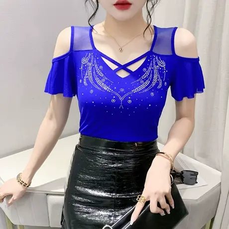 夏装2024新款洋气烫钻T恤女短袖性感露肩网纱小衫时尚烫钻V领上衣商品大图