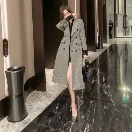 千鸟格外套修身收腰格子风衣女小个子中长款双排扣赫本风连衣裙图片