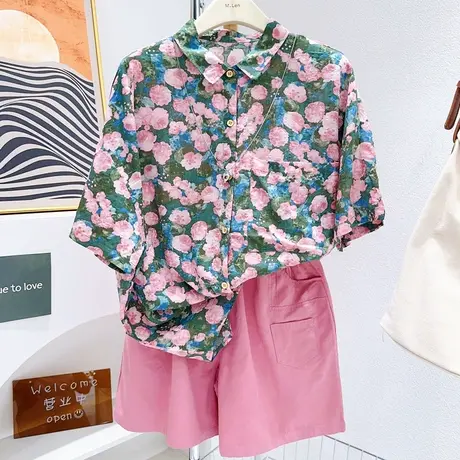 微胖显瘦穿搭~复古chic港风花衬衫日系文艺短袖衬衣纯棉薄款宽松图片