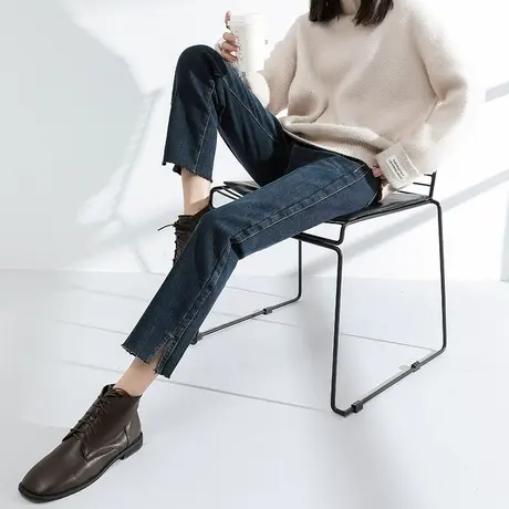 加绒分叉牛仔裤女直筒宽松秋冬开叉款加厚显瘦九分小个子烟管裤子商品大图