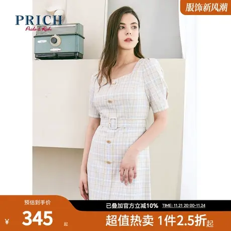 PRICH连衣裙短袖单排扣格纹收腰系带显瘦单排扣气质中长款裙子图片