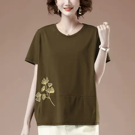 短袖T恤女夏季加肥加大码女装宽松中年妈妈刺绣休闲纯棉显瘦体恤图片