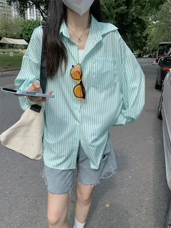 条纹衬衫女夏季薄款宽松韩版设计感小众法式别致长袖防晒上衣外套商品大图